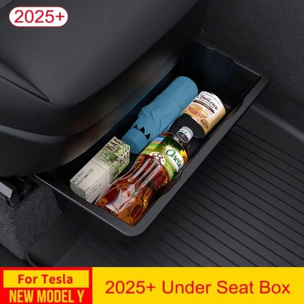 Under Seat Storage Box TPE Material 35.4cm*17.5cm Hidden Organizer With Multi-Compartment, Anti-Skid Texture, Waterproof Surface & Quick Installation For Model Y Refresh/Launch/Juniper, Under Seat Storage Box - TPE Waterproof Anti-Skid Hidden Organizer With Multi-Compartment Slide-Out Drawer