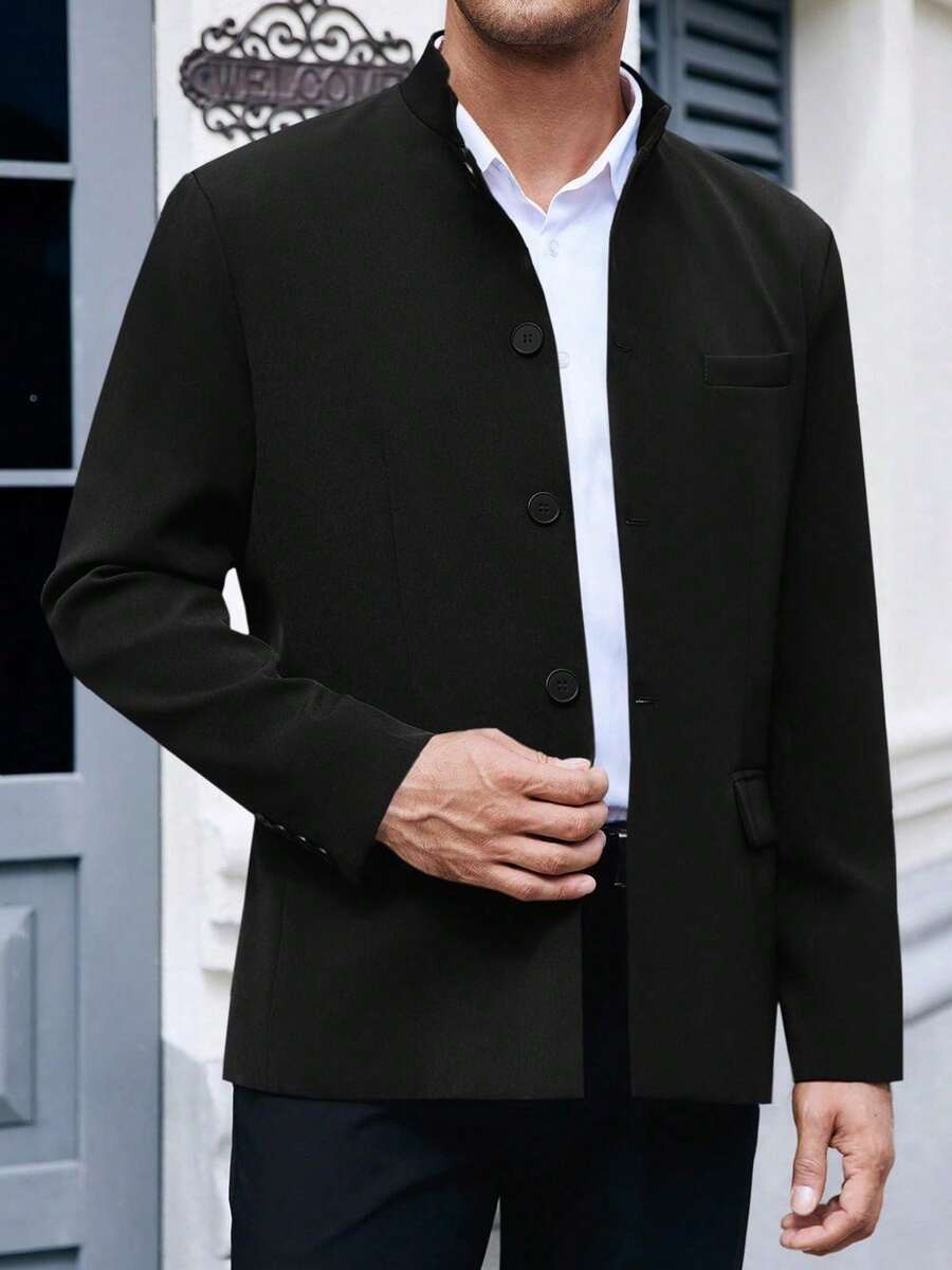 Mens Casual Suit Blazer Jackets Stand Mandarin Collar Lightweight Lined Sport Coats Business Coats - 黑色 - 查看 1