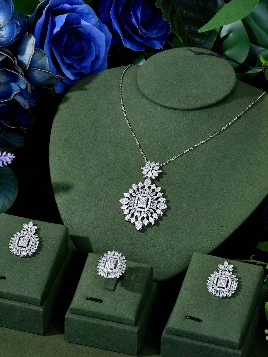 1 Set Elegant Cubic Zirconia Sunflower Jewelry 3 Pieces Set: 1 Pendant Necklace, 1 Ring, 1 Pair Earrings, Suitable As Anniversary Gift For Women