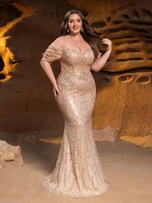 Elisanya Elegante vestido de gala de sirena con cuentas impactante con mangas voluminosas con hombros descubiertos - Bordado tipo escamas y dobladillo de cola de pez para eventos de gala, fiestas de etiqueta y glamour de celebridades