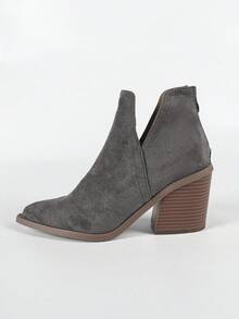 2024新款法式踝靴女款，英伦风秋冬新款尖头粗跟踝靴，后拉链设计 - 灰色 - 查看 7