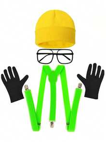 4件套D EXCEED黄色角色扮演服装配饰套装，男女通用——黄色针织帽、道具眼镜、Y型背带、手套——适用于复活节、万圣节庆祝活动、角色扮演派对、学校舞台表演、主题服装聚会 - 彩色 - 查看 25