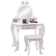 ZONEKIZ Kids Dressing Table With Mirror And Stool , Kids Vanity Table Girls Dressing Table With Drawer, Storage Shelf, Rabbit Design, For Ages 3-6 Years - White And Pink - White - View 2