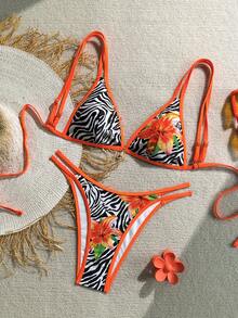 1 套女式斑马花卉印花吊带比基尼泳装，两件套露背系带时尚休闲沙滩泳装 - 橘色 - 查看 2