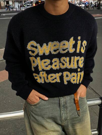 男女皆宜的休闲宽松字母提花圆领长袖套头毛衣，秋冬季百搭时尚针织上衣