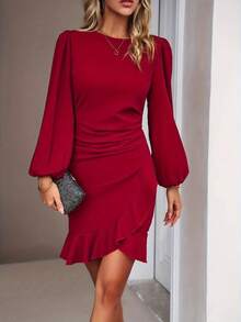 Women Long Sleeve Crew Neck Front Ruffled Imported Crepe Dress , 19117