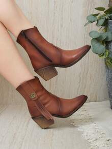 Botín western mujer, botín con cierre interno, botín puntal tacón grueso, botín casual elegante, botín estilo vaquero, botín otoño invierno, calzado versátil femenino. - Marrón - Ver 3