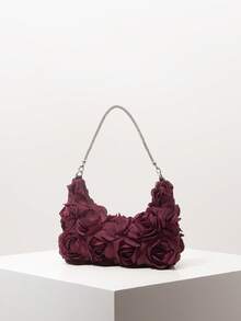 优雅玫瑰花朵图案单肩包、花卉包、新娘派对包、舞会包、舞会配饰、高档风格手提包、婚礼用品、优雅女士包（图案随机） - 酒紅色 - 查看 2