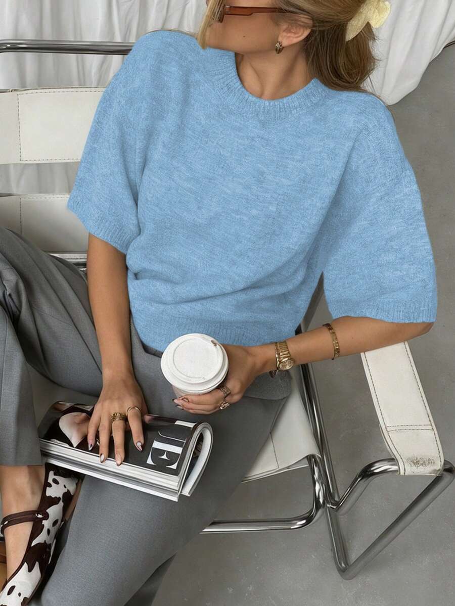 優雅女款秋冬時尚日常居家休閒通勤簡約純色針織羅紋短袖圓領套頭T恤上衣 - 夢幻藍 - 查看 1
