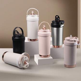 زجاجة مياه مطلية بالسيراميك سعة 500 مل ذات سعة كبيرة ومقاومة للتسرب مع غطاء قش وكوب قهوة