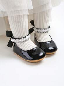 婴儿/新生儿玛丽珍平底鞋 - 婴儿学步鞋，柔软橡胶鞋底，公主风婚鞋 - 黑色 - 查看 9