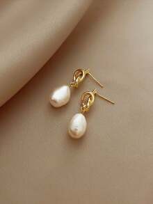 1Pair Knotted Pearl Minimalist Elegant Luxury Design EarringsJapanese Korean Style Sweet Gentle Elegant Pearl Earrings Circle Studs Unique Design High Grade Sense Atmospheric Daily Wear For Women - 1pc - 查看 3