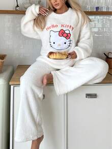 Sanrio [WONDER WORLD]2pcs Women Hello Kitty Thick Fleece Loose Long Sleeve Top And Comfortable Long Pants Cute Fluffy Pajama Set, Cozy Winter Clothes - White - View 7