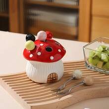 1 Set Of 7 Pieces With 6 Forks & 1 Base Ceramic Mushroom Shape Dessert Fruit Cake Fork Set With 304 Stainless Steel Forks - Suitable For Fruit, Dessert, Party Party Furniture Decoration, Christmas Gift Party Decoration