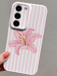 1pc Striped Lily Flower Pattern Glossy Perforated Faux Leather Full Coverage Hard Phone Case Compatible With Samsung/Compatible With IPhone 11/12/13/14/15/16 Pro Max