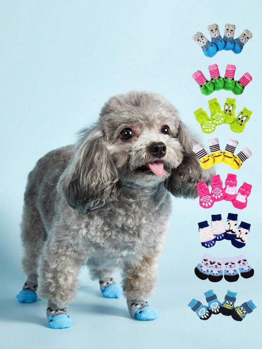 PETSIN 4Pcs/8Pcs/Set Cute Pet Dog Socks With Print Anti-Slip Cats Puppy Shoes Paw Protector Products For Small Breeds Spitz York Dogs Chihuahua Indoor Anti Drop - Multicolor - View 1