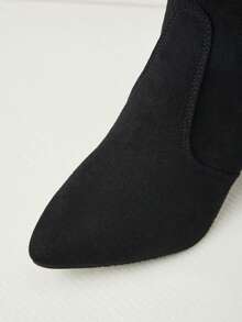 2025新款经典尖头粗跟女式踝靴，百搭时尚短靴，弹力中筒靴，母亲节圣诞节冬季礼物 - 黑色 - 查看 4