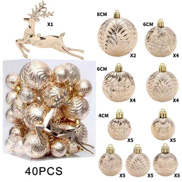 40 pezzi Palline di Natale in champagne infrangibili di vari colori e dimensioni, ornamenti natalizi, decorazioni da appendere all'albero di Natale, regali di Natale, decorazioni per la casa, decorazioni natalizie, decorazioni per la stanza, inverno