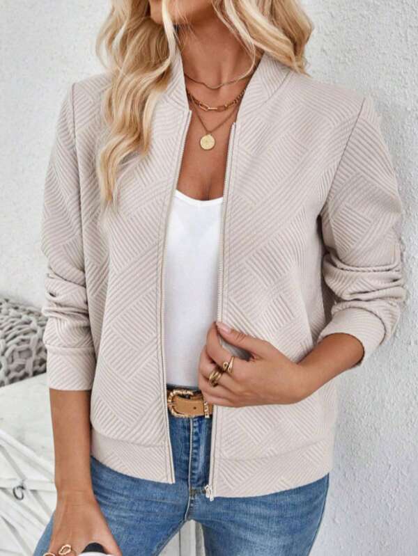 Fashionable Casual Jacquard Jacket, Solid Woven Fabric Zipper, Suitable For Office And Daily Wear, Spring/Summer/Autumn