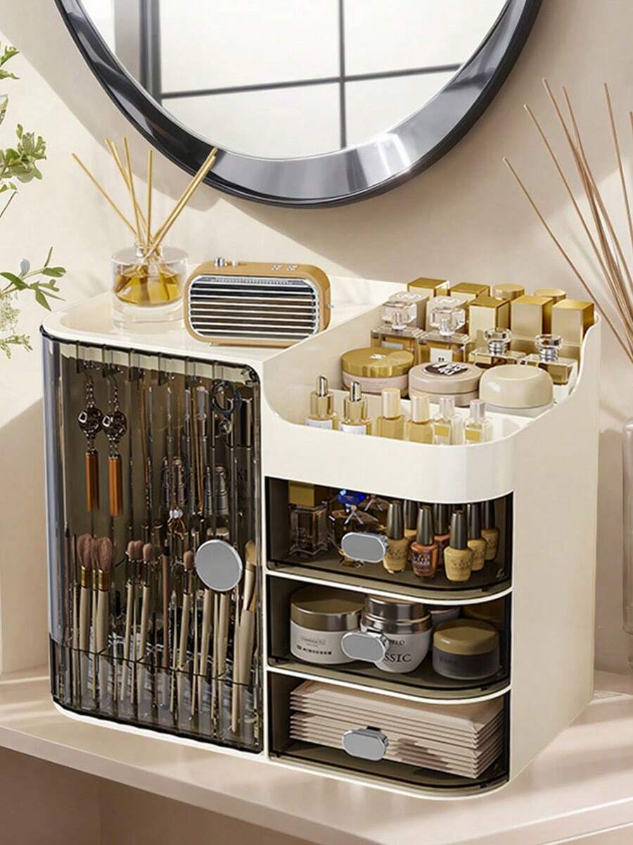 Makeup Storage Box And Care Product Storage Box, A High-Capacity Cosmetic Storage Solution. Cosmetic Storage Cabinet With 3 Drawers And Mirrors, Cosmetic Display Case Bathroom Cosmetic Organizer, Table And Drawer Organizer For Home Storage - dark black - 查看 1
