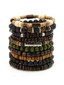 10pcs/Set Bohemian Style Wooden Bead, Sea Turtle, Coconut, Turquoise Bracelet Set, Suitable For Men's Daily Wear