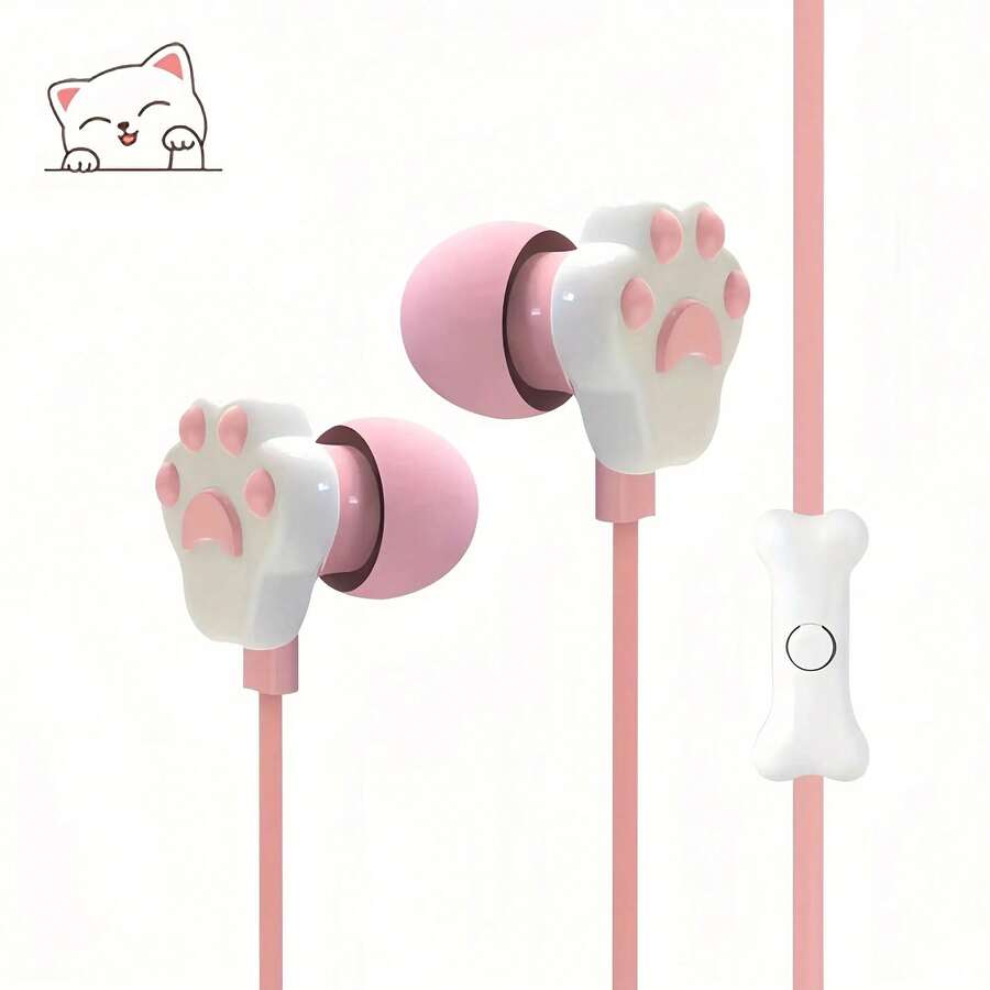 Cute Cat Paw Wired Headphones With Built-In Microphone, HD Calls Compatible With IPhone, Laptop, And MP3 Players - Lightweight Design Suitable For Students, Compatible With All 3.5mm Interfaces - 粉色 - 查看 1