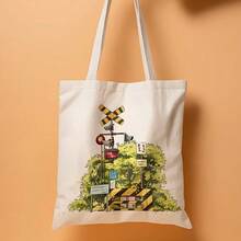 1pc Railway Crossing Canvas Tote Bag - Reusable Grocery Bag With Vintage Train Design, 13.8x15.8 Durable Polyester Canvas, Leak-Proof Shopping, Commuting, Beach & Travel - Train Enthusiasts, Large Travel Tote Bag, Railway Crossing Design