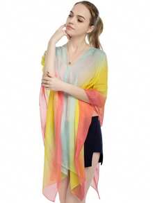 Poncho de unicolor elegante con degradado, capa ligera de mujer de gasa y perlas, chal decorativo versátil de moda para mujer para la playa, protección solar, viajes y uso diario