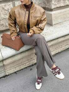 Womens Faux Leather Bomber Jacket Baseball Collar Zip Up Cropped Coat With Pockets - Kaki nhạt - Xem 5