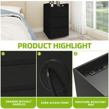 Bedside Table With 3 Drawers & Power Station, Nightstand End Table, Water-Resistant Storage Side Table, 35x40x59cm -By GeoTower- - Black - View 6