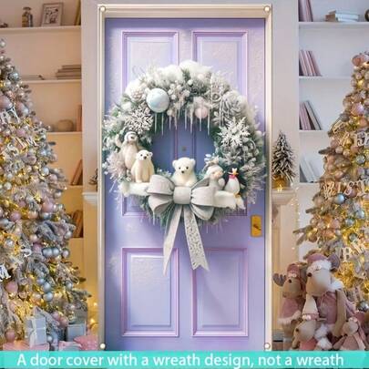 Corona di Natale in poliestere, con orso polare, pinguino e fiocco argentato, adatta per uso interno ed esterno - decorazione invernale per le vacanze