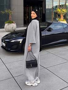 1pc Solid Color Casual Loose Fit Dropped Shoulder Mid-Sleeve Maxi Dress, Suitable For Urban Strolling, Spring/Autumn