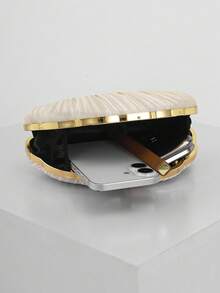 Women's Elegant/Luxury Pleated Satin Box Clutch Bag, Romantic Wedding Handbag, Charming/Exquisite Evening Dress Purse, Minimalist Apricot Box Bag With Detachable Chain, Suitable As Holiday Gift - Apricot - View 6