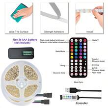 1 pieza Tira de luz LED RGB inteligente, incluye control remoto de 44 teclas y control de aplicación, sincronización con música, temporizador, regulable, alimentada por USB, LED, efectos de cambio de color dinámico, adecuada para el hogar, fiestas, árbol de Navidad, dormitorio, sala de juegos - Fácil instalación, bajo voltaje, múltiples opciones de color (baterías no incluidas) - RGB - Ver 4