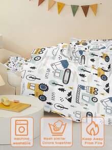 半件套双面卡通卡车印花床上用品套装 - 柔软低敏婴儿床单和被套套装，图案可爱，儿童必备 - 彩色 - 查看 2