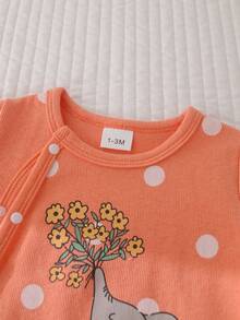 Autumn/Winter Baby Girls' Round Neck All-Over Allover Print White Polka Dot & Gray Cartoon Elephant Long Sleeve Footie Jumpsuit - Orange - View 3