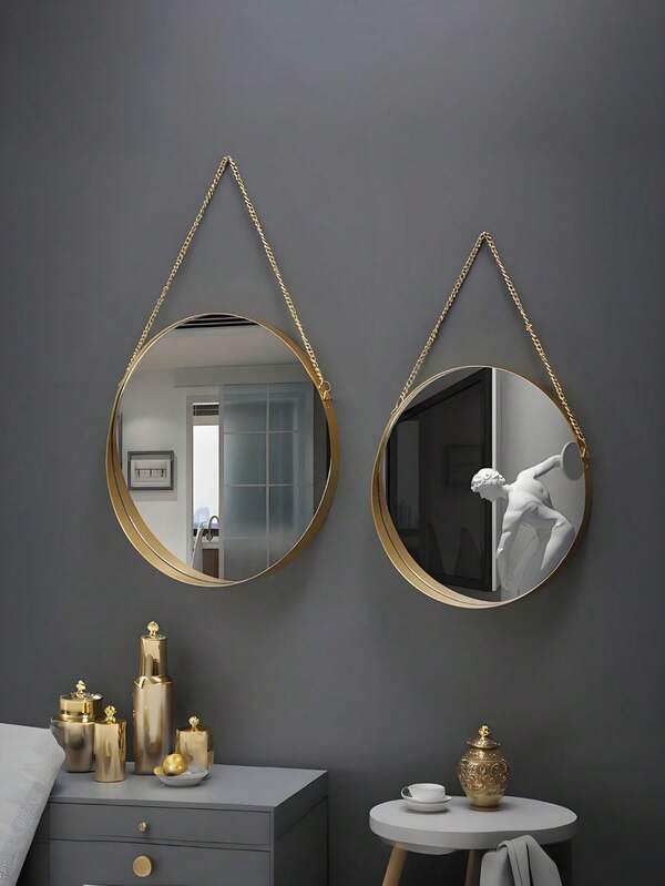 1 Stück wandmontierter Spiegel, goldener geometrischer Spiegel mit Kette, dekorativer Schminkspiegel, Veranda-Dekospiegel, Badezimmerwandspiegel, Schminkspiegel, geeignet für Badezimmer, Schlafzimmer, Wohnzimmer, Bogen