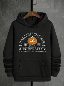 Sudadera con capucha de la Universidad de la Ciudad de Halloween - Estampa de calabaza geométrica, sudadera casual con bolsillo, 100% poliéster, ligeramente elástica, para usar en cuatro estaciones, ideal para usar informalmente los fines de semana - Negro - Ver 2