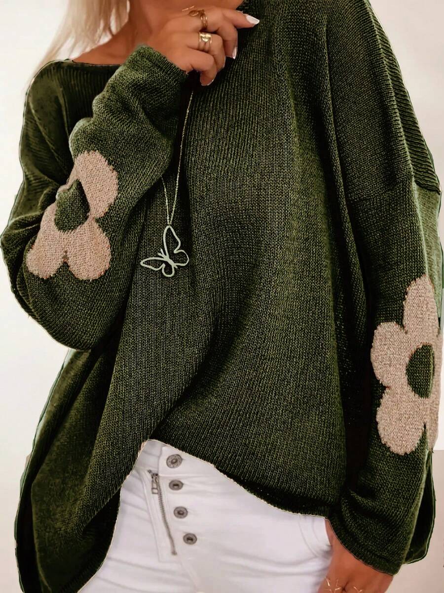 Maglione oversize da donna con motivo floreale elegante, vestibilità morbida, girocollo, maniche a giro, stile europeo e americano, adatto per Natale, primavera/autunno
