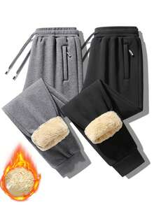 Men's Casual Loose Fit Thermal Lined Drawstring Waist Pants, Simple And Fashionable Style Suitable For Daily Wear And Sports, Made Of Soft And Stretchy Knit Fabric, An Excellent Gift For Boyfriend, Husband Or Family Member, Embodying Minimalist Chic Aesthetics. - Black - View 10