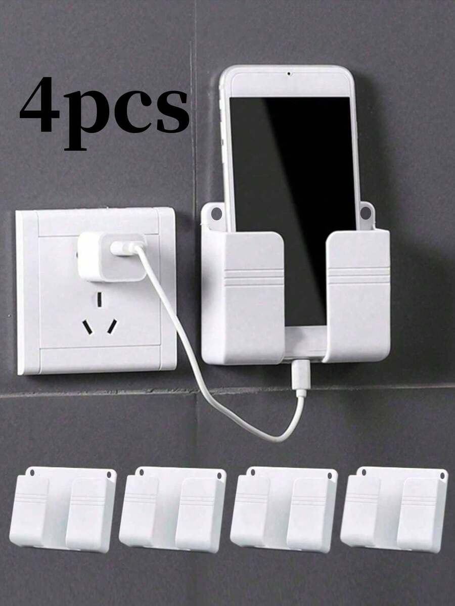 1/4pcs Paste Wall Mounted Mobile Phone Holder Punch Free Storage Box TV Remote Control Cell Phone Plug Charging Support Phone Stand Compatible With IPhone, Android Phone, Gift For Birthday, Family,Remote Control & Phone & Charger Holder, Bedroom Decor, Friends Phone Accessories - Multicolor - View 1