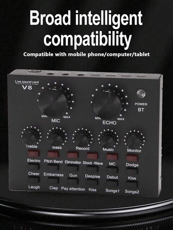 YAIUZGOO بطاقة صوت V8، بطاقة صوت صوتية، محول بطاقة صوت للبث المباشر KTV، لهاتفين محمولين للدردشة الصوتية المباشرة في KTV، بطاقة صوت خارجية للهاتف والكمبيوتر (اللون: أسود/أبيض)