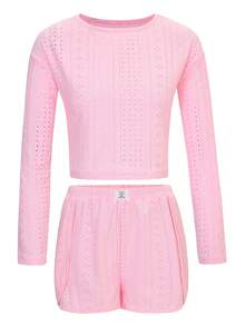 2件套女士舒适半镂空圆领长袖上衣和侧开衩短裤家居服套装，秋冬服装