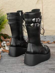 Damskie buty do biegania w stylu punkowym jesień/zima 2025, grube, okrągłe, z bocznym zamkiem błyskawicznym i grubym dnem, czarne, regulowane, płaskie buty z klamrą, damskie wysokiej klasy, do pracy na świeżym powietrzu, lekkie, antypoślizgowe, za kolano