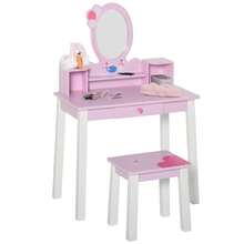 HOMCOM Kids Wooden Dressing Table And Stool Make Up Desk (Pink) - Pink - View 2