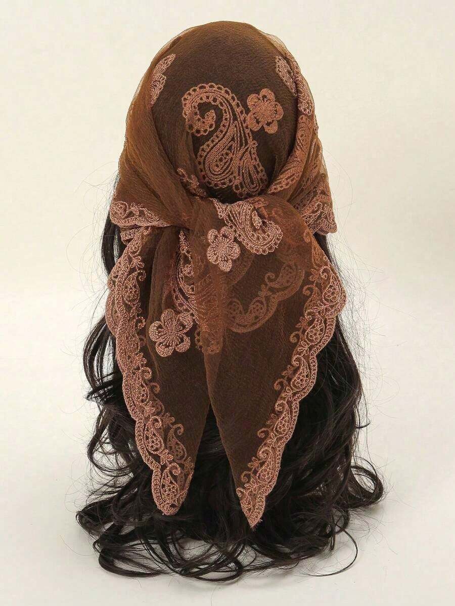 1pc Women Fashion Embroidered Bandana Square Scarf - màu nâu - Xem 1