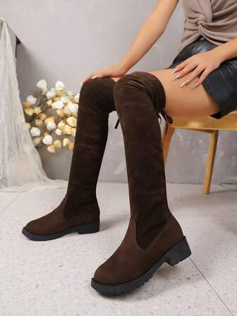 Stivali alti sopra il ginocchio eleganti da donna in stile Maillard, con lacci, design di suola spessa alla moda, versatili per abiti e pantaloni, adatti per autunno/inverno