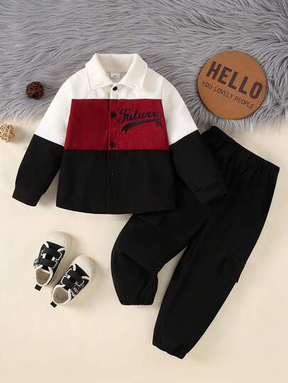 2pcs Young Boys Letter Embroidery Corduroy Patchwork Jacket And Solid Color Pants Set, Autumn/Winter