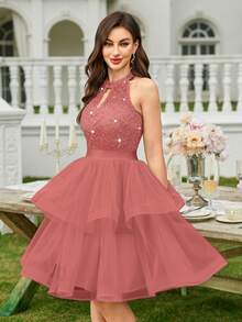 MIUSOL Sequin Floral Lace Halter Neck Ruffle Layered Hem Mesh Prom Party Swing Dress,Summer Dress,Wedding Guest Dress,For Graduation,Homecoming - Dusty Pink - View 6