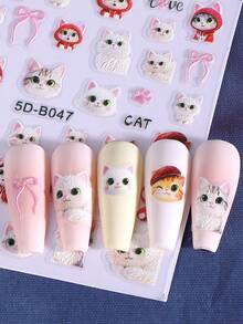 5D Cartoon Cat Embossed Nail Stickers 2pcs Cute Funny Heart Bow Cat & Cat Paw Design DIY Kawaii Japanese Korean Self-Adhesive Slider Nail Art Decoration